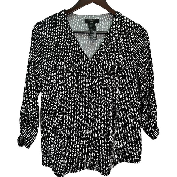 VERVE Ami🖤Black Dot Collarless V-Neck Blouse Top Size M - Picture 2 of 8